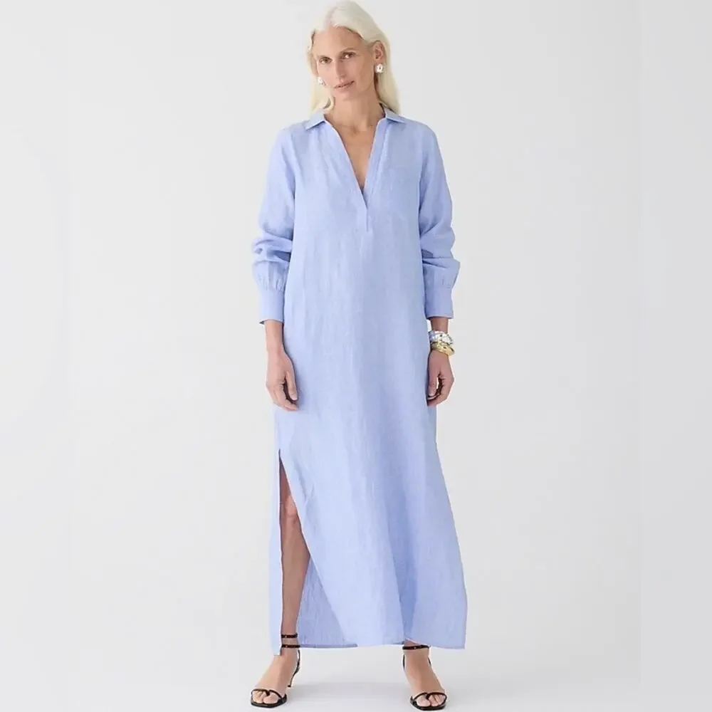 J Crew Bungalow Maxi Popover Dress XS in Linen Blue Quiet Luxury Coastal Beach